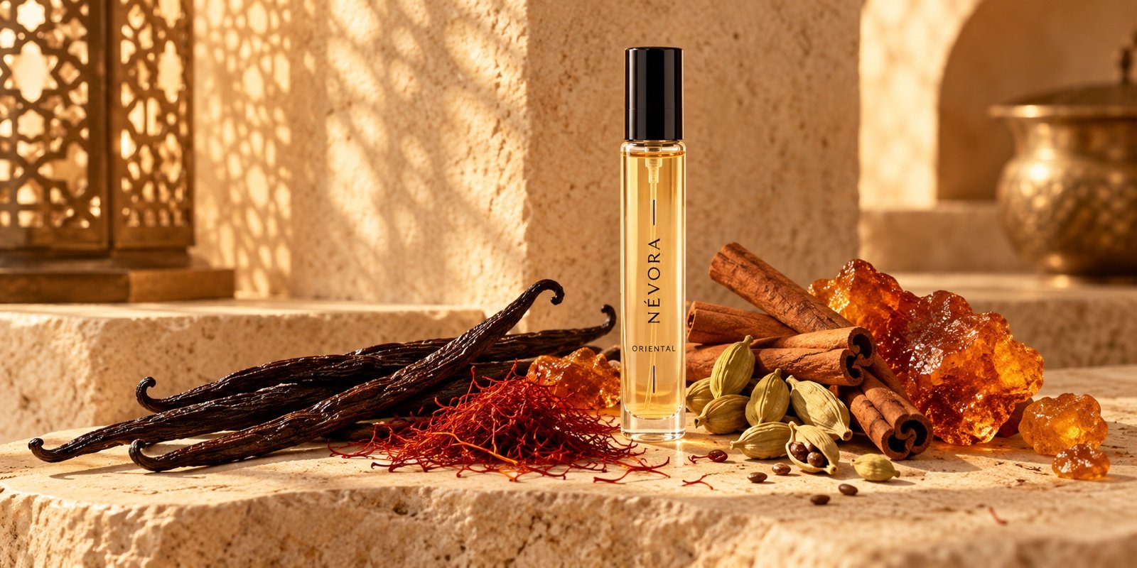 Décant NÉVORA oriental avec vanille, cannelle, cardamome, safran et ambre