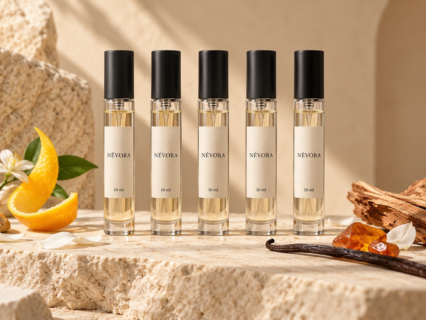 Cinq flacons décants NÉVORA de 10 ml